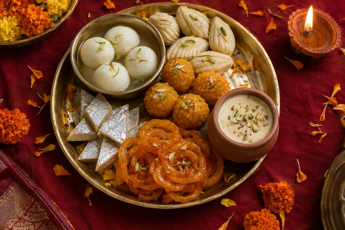 A festive thali of assorted Bengali sweets
